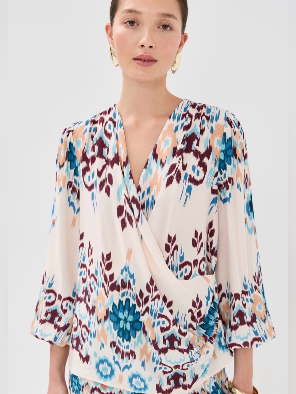 Figue Jocelyn Wrap Blouse Mirage Ikat Biscotti Beige Teal Blue Brown S NWT $368